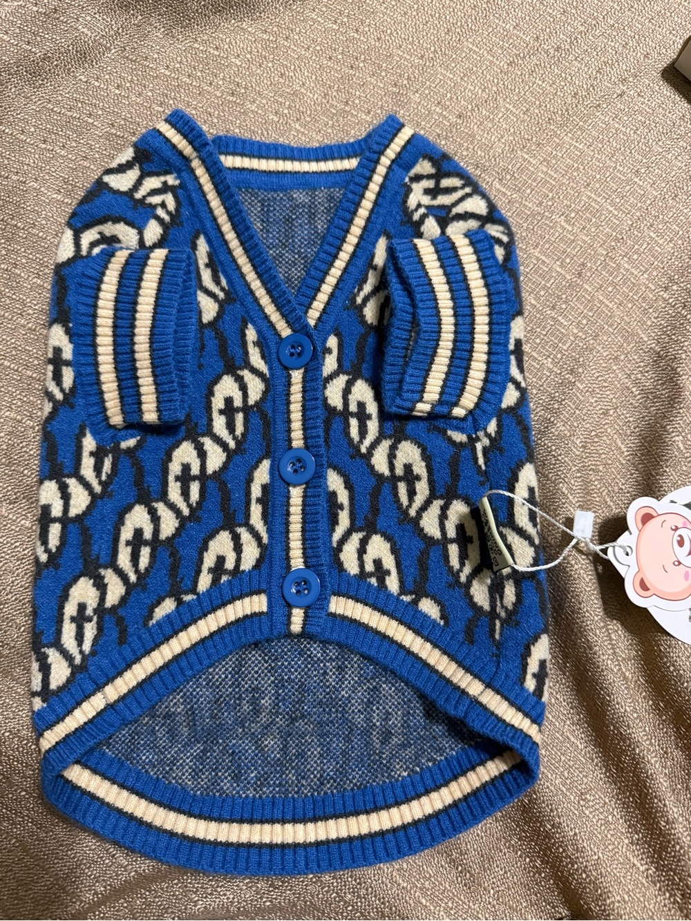 Blue Patterned V-Neck Dog Button Sweater